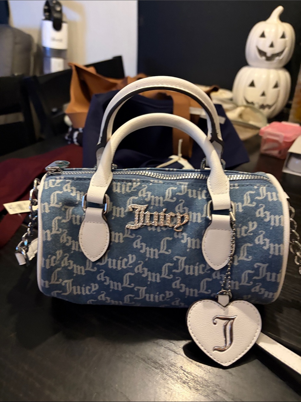 Juicy Couture Blue Monogram Mini Satchel with White Trim and Heart Charm
